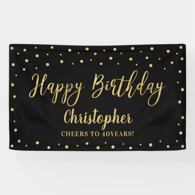 Gold & Black Happy Birthday Party Banner (Horizontal)