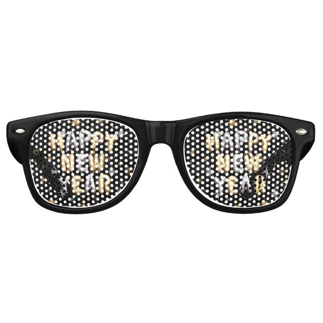 Gold Black Happy New Year Retro Sunglasses (Front)