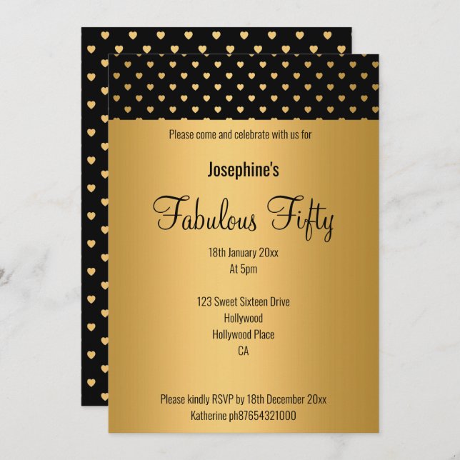 GOLD BLACK HEART PATTERN CUSTOM BIRTHDAY 2 INVITATION (Front/Back)