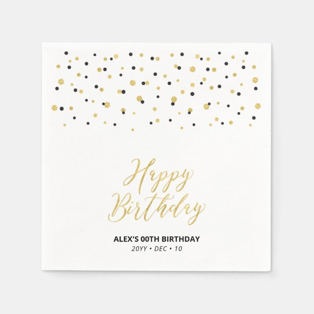 Gold Black Hexagon Confetti Custom Happy Birthday Napkin (Front)