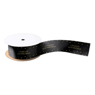 Gold & Black Hexagon Confetti Happy Birthday Name Satin Ribbon