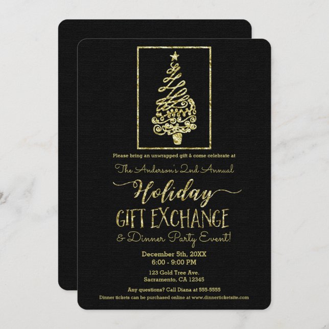 Gold & Black Holiday Gift Exchange Christmas Party Invitation (Front/Back)