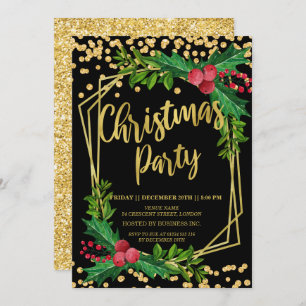 Gold Black Holly Frame Glitter Christmas Corporate Invitation