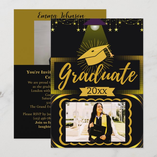  Gold & Black Horizontal Frame 2 Photo Graduation  Invitation (Front/Back)