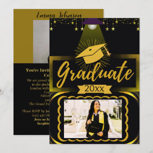  Gold & Black Horizontal Frame 2 Photo Graduation  Invitation