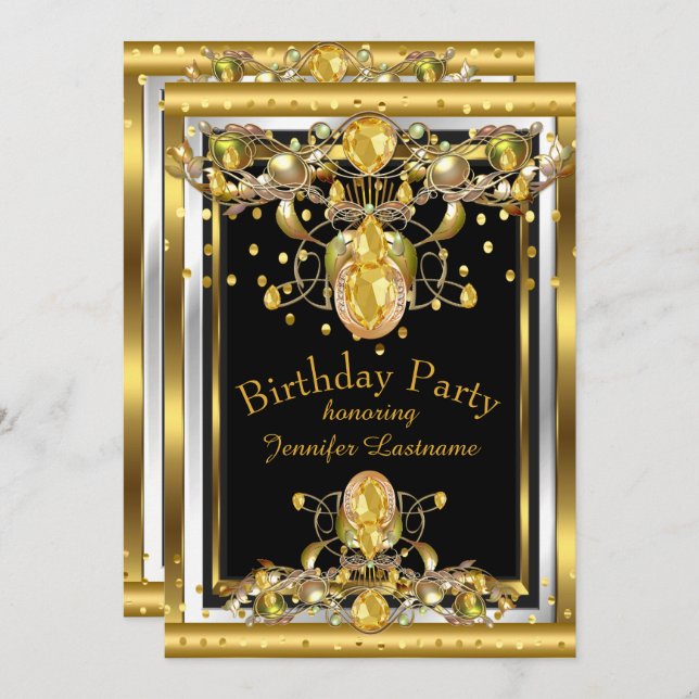 Gold Black Jewelled Birthday Party Invitation (Front/Back)