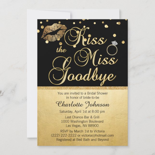 Gold Black Kiss the Miss Goodbye Bridal Shower Invitation (Front)