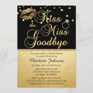 Gold Black Kiss the Miss Goodbye Bridal Shower Invitation