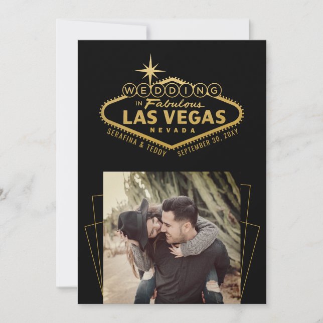 Gold Black Las Vegas Wedding Photo Save The Date (Front)