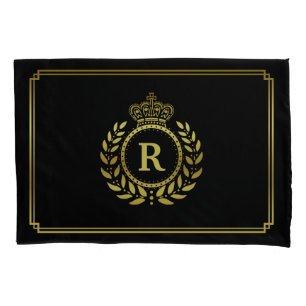 Gold Black Laurel Wreath Crown Monogram Royal Pillowcase