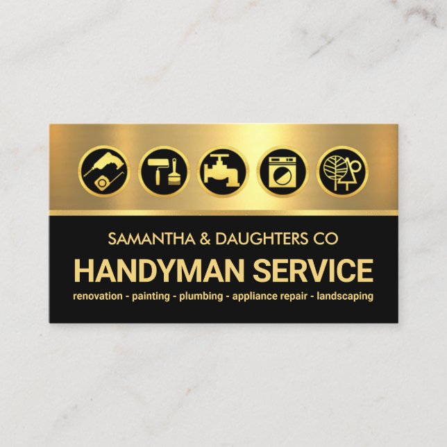 Gold Black Layers Handyman Tools Icons Business Card (Front)