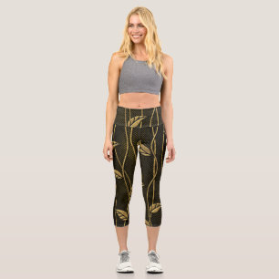 Gold & Black: Leaves 3D Texture. Capri Leggings
