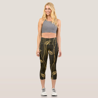 Gold & Black: Leaves 3D Texture. Capri Leggings