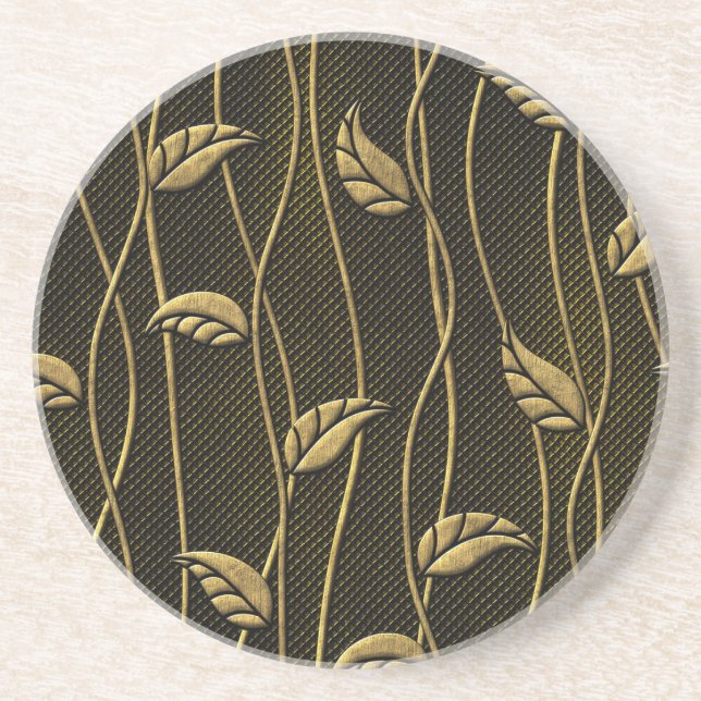 Gold & Black: Leaves 3D Texture. Coaster (Front)