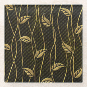 Gold & Black: Leaves 3D Texture. Glass Coaster