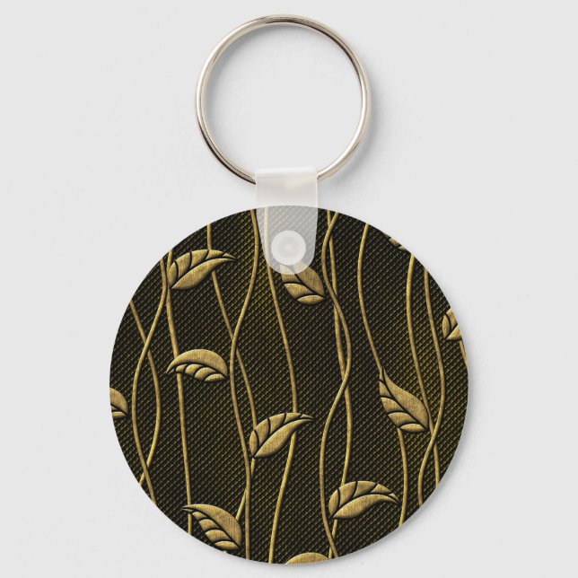 Gold & Black: Leaves 3D Texture. Key Ring (Front)