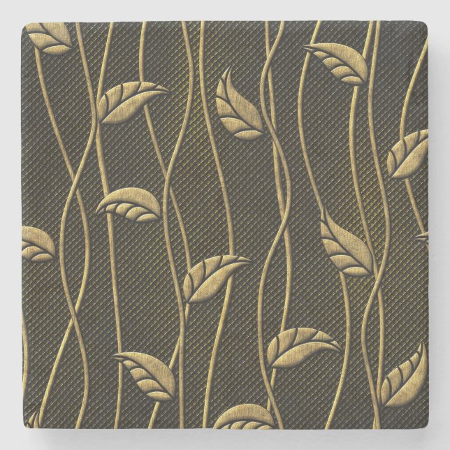 Gold & Black: Leaves 3D Texture. Stone Coaster (Front)