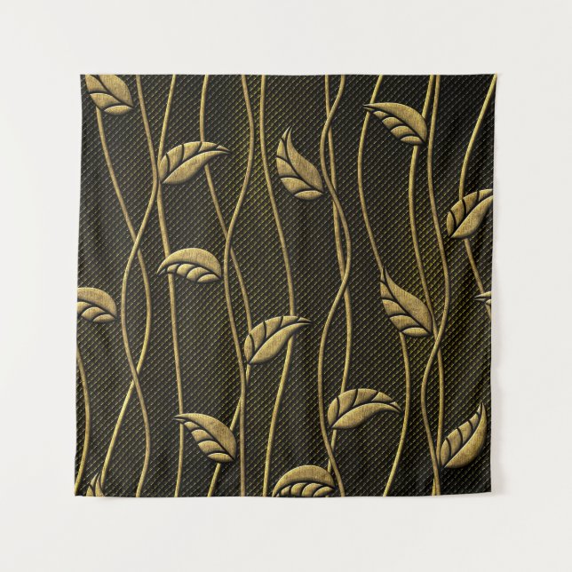 Gold & Black: Leaves 3D Texture. Tapestry (Front)