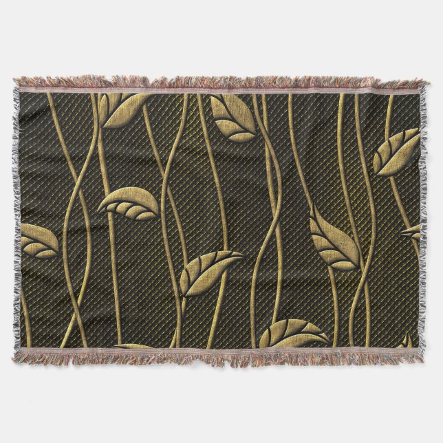 Gold & Black: Leaves 3D Texture. Throw Blanket (Front)