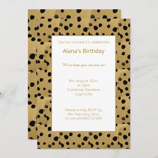 GOLD BLACK LEOPARD ANIMAL PRINT BIRTHDAY INVITATION (Front/Back)