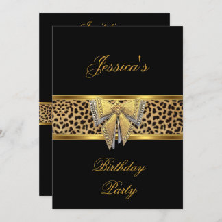 Gold Black Leopard bow Elegant Classy Birthday Invitation