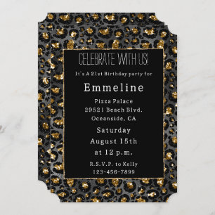 Gold Black Leopard Glitter  Invitation