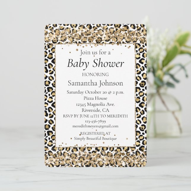 Gold Black Leopard Print Glitter Confetti Invitation (Standing Front)