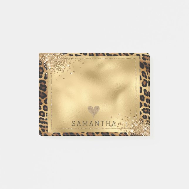 Gold Black Leopard Print Glitter Post-it Notes (Front)