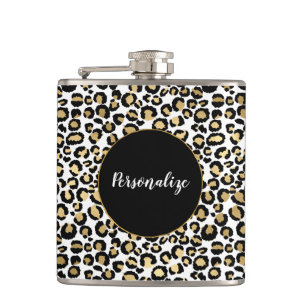 Gold Black Leopard Print Hip Flask