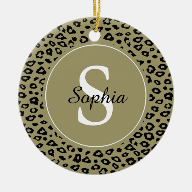 Gold Black Leopard Print Monogram Ceramic Tree Decoration (Front)