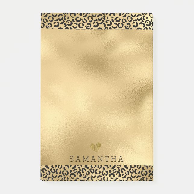 Gold Black Leopard Print Personalised Post-it Notes (Front)