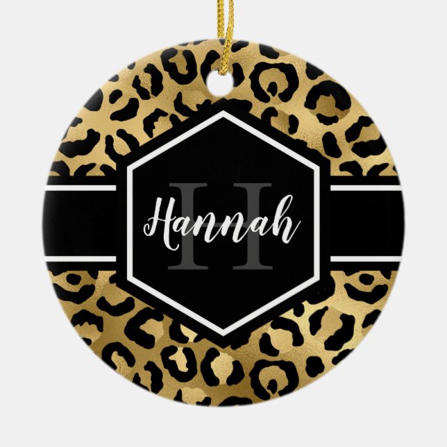 Gold Black Leopard Spots Monogram Ceramic Ornament (Front)