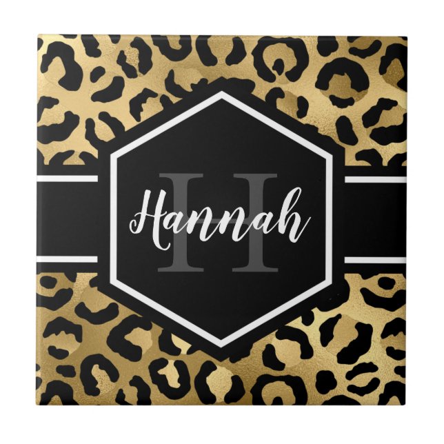 Gold Black Leopard Spots Monogram Ceramic Tile (Front)