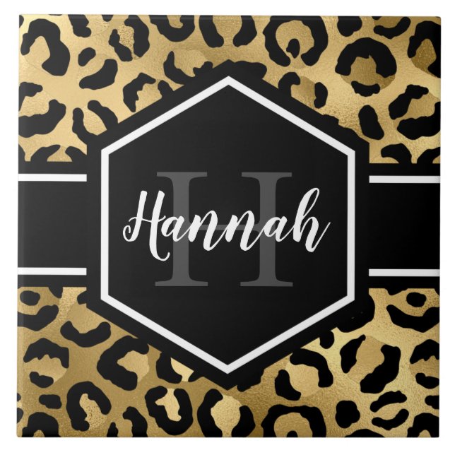 Gold Black Leopard Spots Monogram Ceramic Tile (Front)
