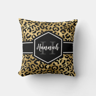 Gold Black Leopard Spots Monogram Cushion