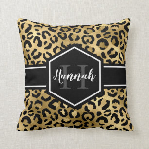 Gold Black Leopard Spots Monogram Cushion