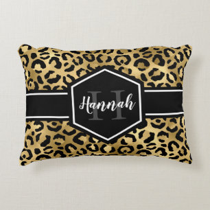 Gold Black Leopard Spots Monogram Decorative Cushion