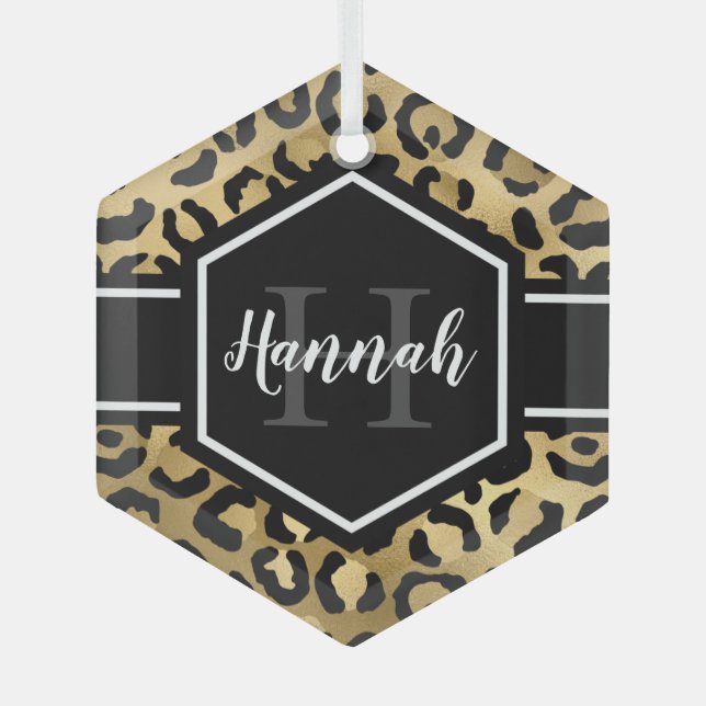 Gold Black Leopard Spots Monogram Glass Tree Decoration (Front)