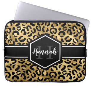 Gold Black Leopard Spots Monogram Laptop Sleeve