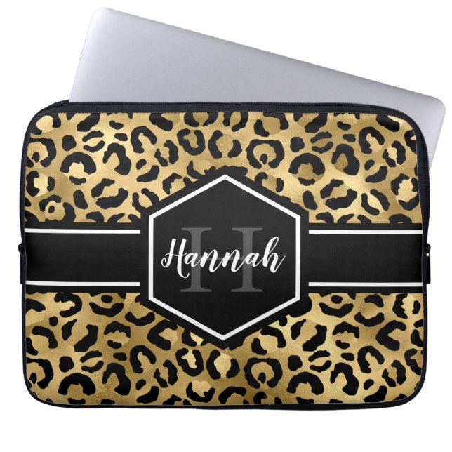 Gold Black Leopard Spots Monogram Laptop Sleeve (Front)