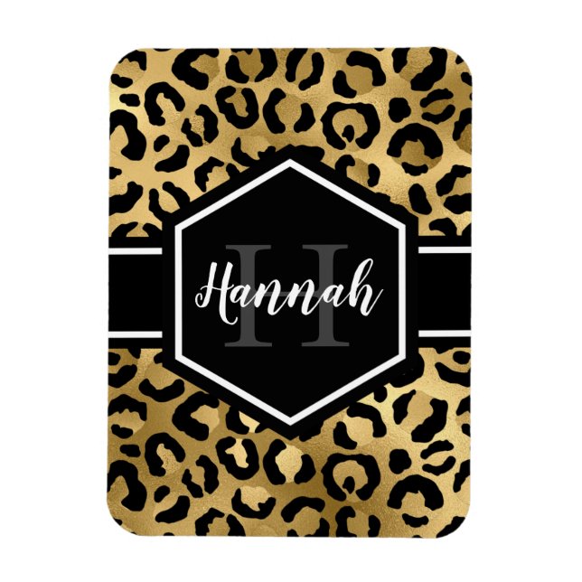 Gold Black Leopard Spots Monogram Magnet (Vertical)