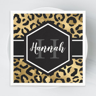 Gold Black Leopard Spots Monogram Napkin