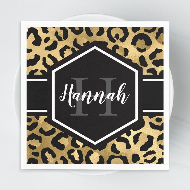 Gold Black Leopard Spots Monogram Napkin (Creator Uploaded)