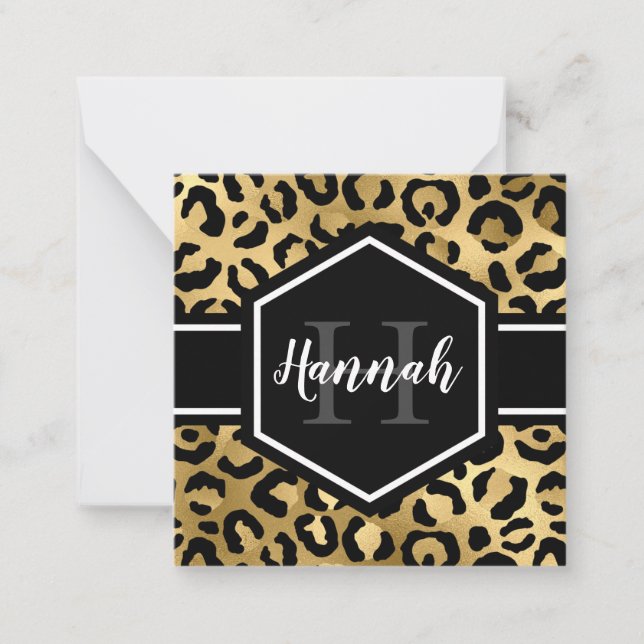 Gold Black Leopard Spots Monogram Note Card (Front)