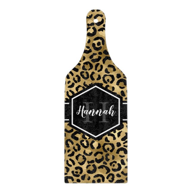 Gold Black Leopard Spots Monogram Paddle Cutting Board (Front)