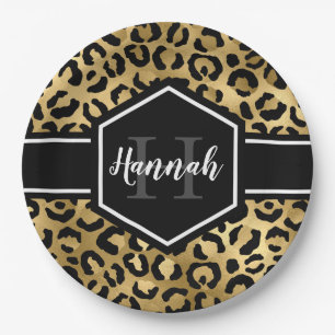 Gold Black Leopard Spots Monogram Paper Plate
