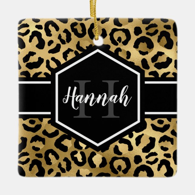Gold Black Leopard Spots Monogram Photo Ceramic Ornament (Front)