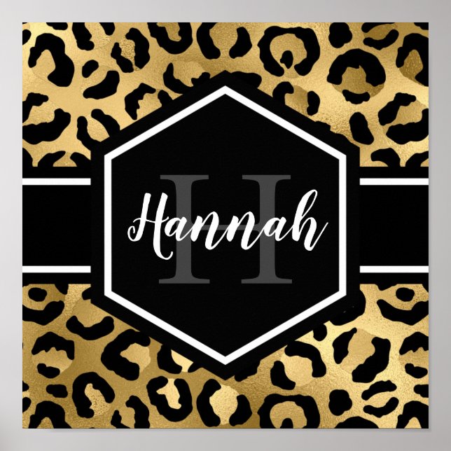 Gold Black Leopard Spots Monogram Poster (Front)