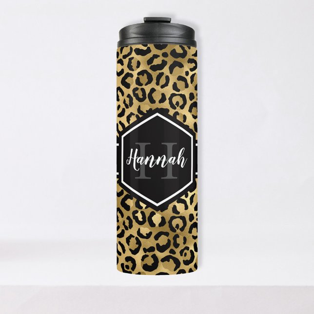 Gold Black Leopard Spots Monogram Thermal Tumbler (Creator Uploaded)