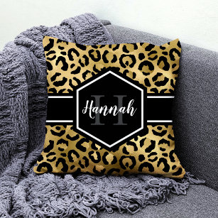 Gold Black Leopard Spots Monogram Throw Pillow